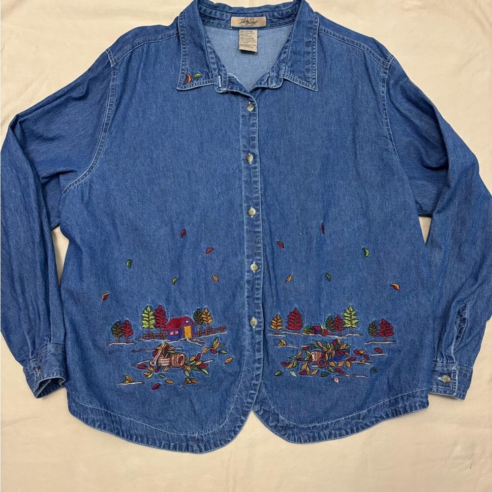 Just My Size Vintage Denim Fall Leaf Embroidered Women’s Shirt Size 22W /24 W